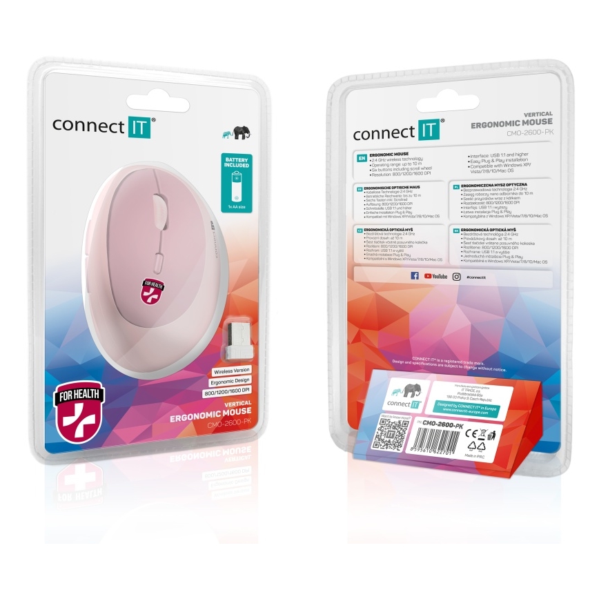 CONNECT IT CMO-2600-PK - Ergonomische kabellose Maus 800/1200/1600 DPI 1xAA rosa