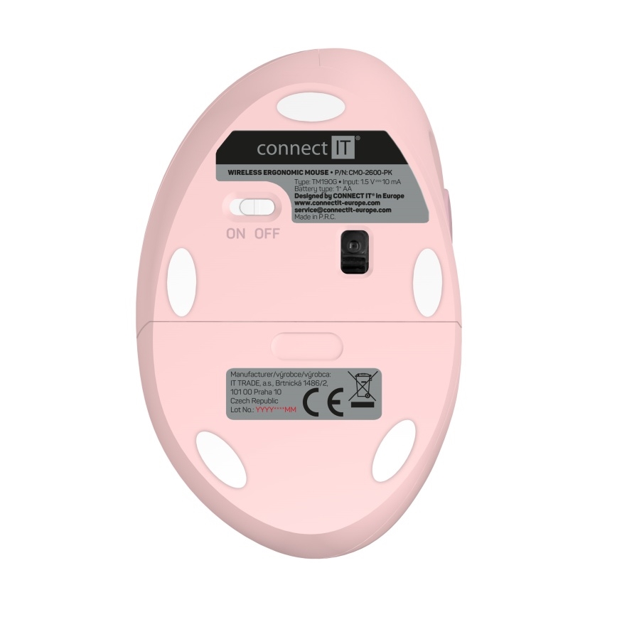 CONNECT IT CMO-2600-PK - Mouse ergonomico senza fili 800/1200/1600 DPI selezionabili 1xAA rosa
