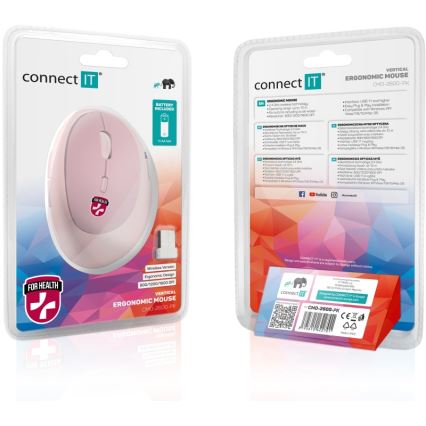 CONNECT IT CMO-2600-PK - Mouse ergonomico senza fili 800/1200/1600 DPI selezionabili 1xAA rosa