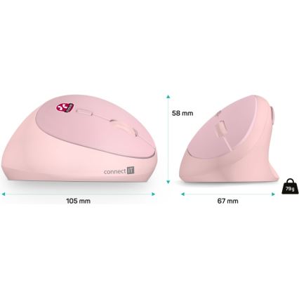 CONNECT IT CMO-2600-PK - Souris sans fil ergonomique 800/1200/1600 DPI, 1 pile AA, rose