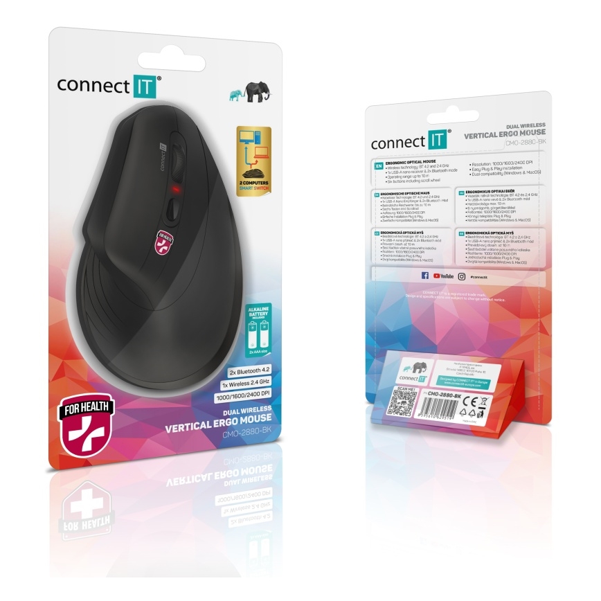 CONNECT IT CMO-2880-BK - Ergonomische kabellose Verti TriMode-Maus 1000/1600/2400 DPI 2xAAA schwarz
