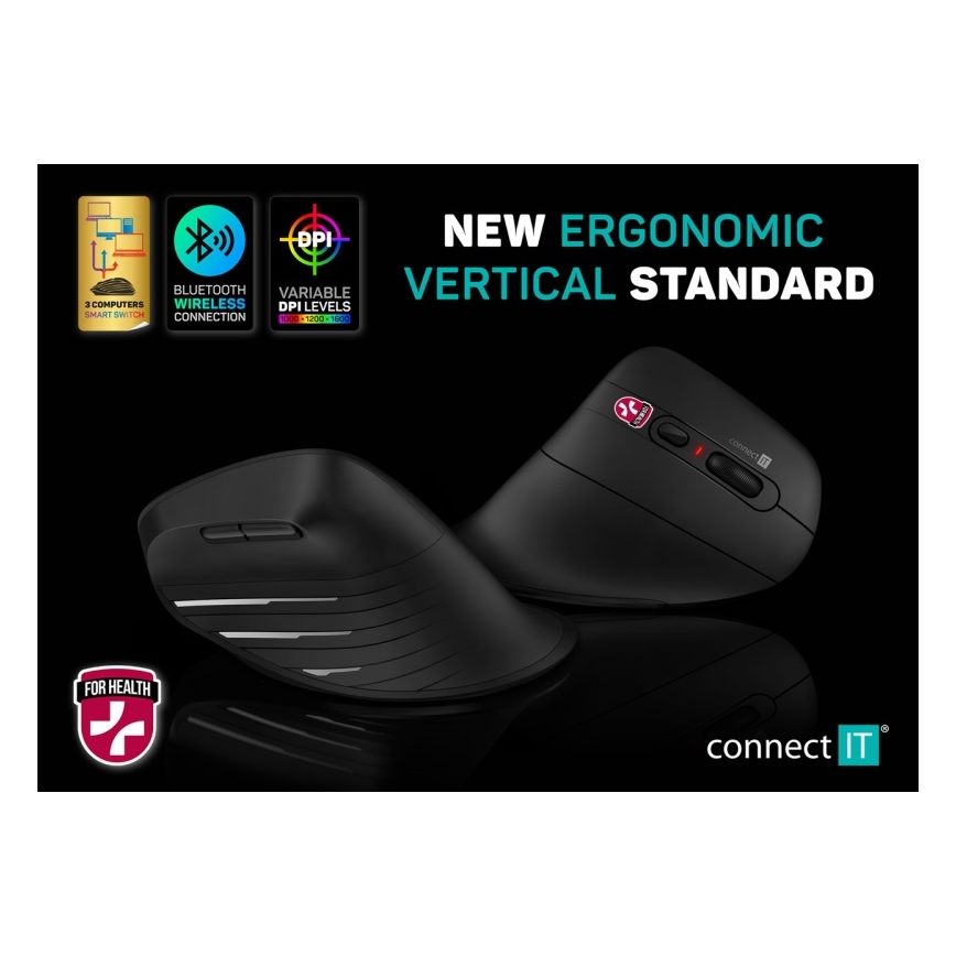 CONNECT IT CMO-2880-BK - Souris sans fil ergonomique Verti TriMode 1000/1600/2400 DPI 2xAAA noire
