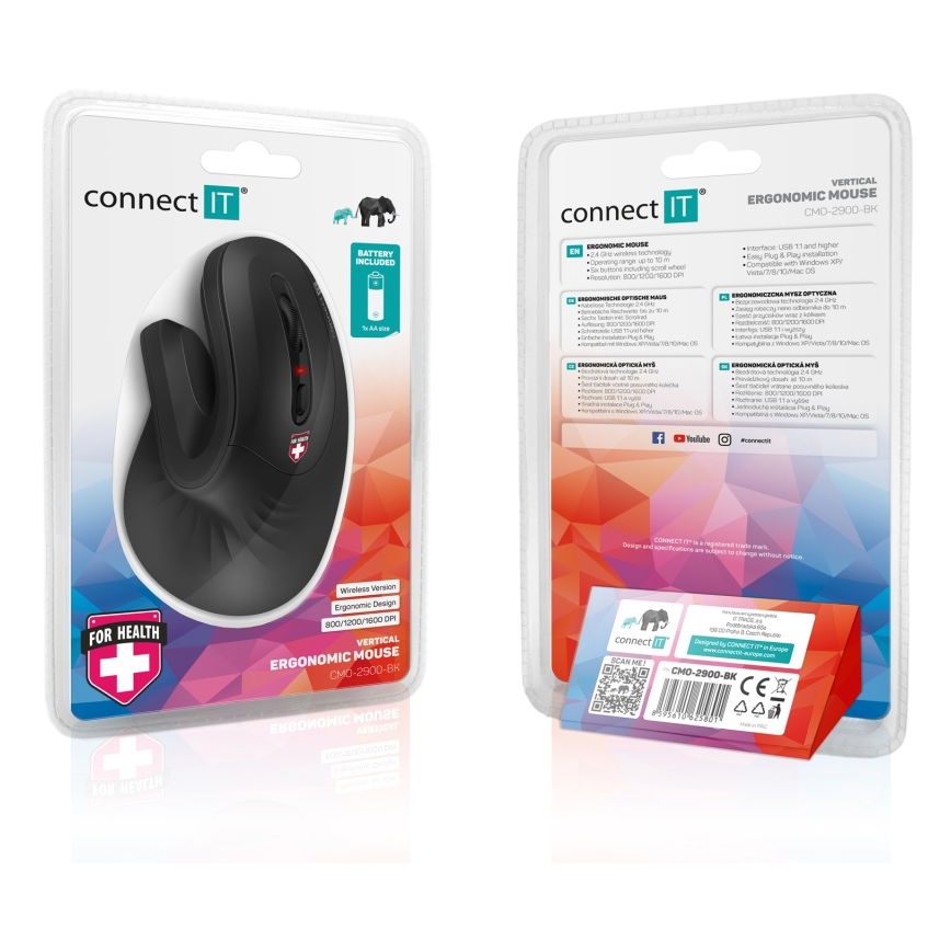 CONNECT IT CMO-2900-BK - Mouse wireless ergonomico 800/1200/1600 DPI 1xAA nero