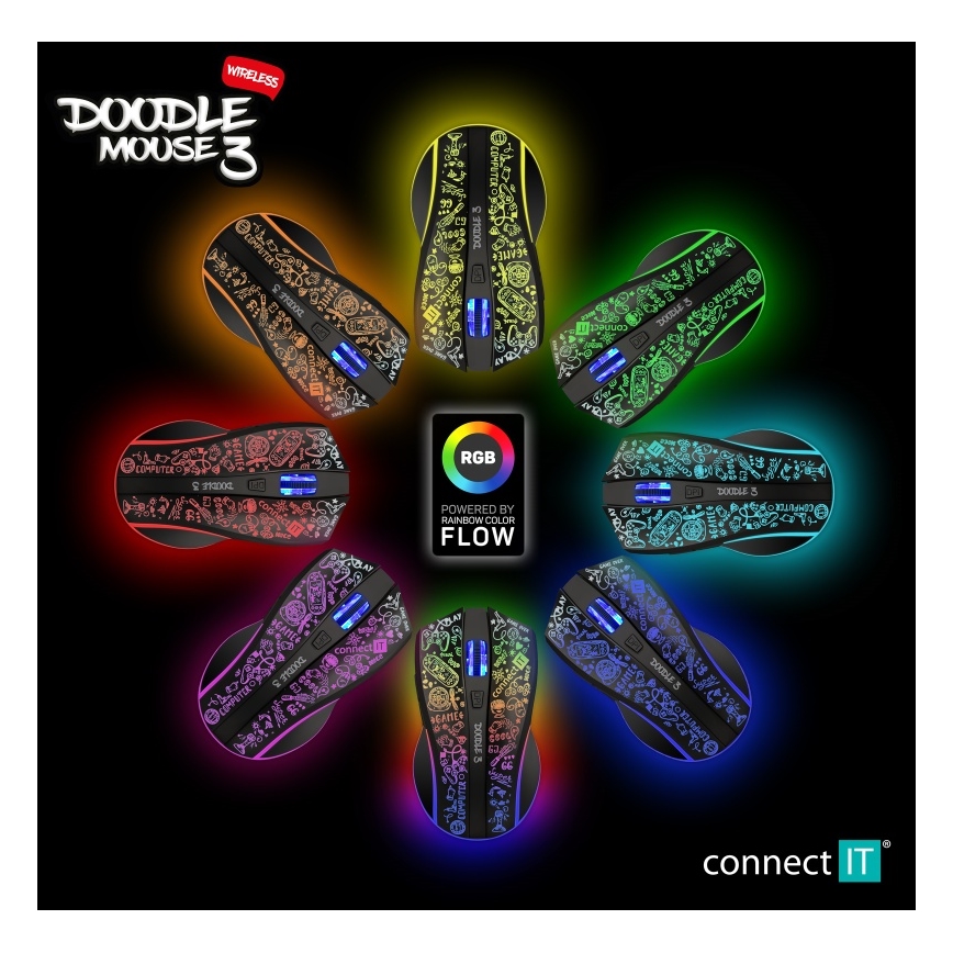 CONNECT IT CMO-3530-DD - Mouse da gioco ricaricabile wireless RGB a LED 800/1200/1600/2400/4800 DPI 600 mAh nero