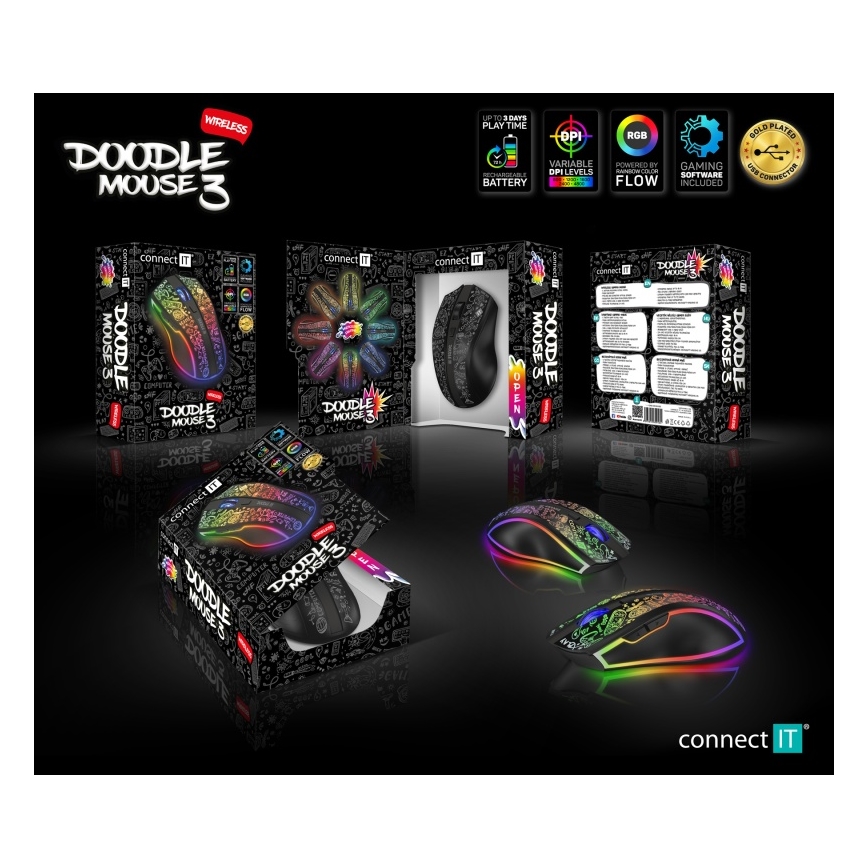CONNECT IT CMO-3530-DD - Mouse da gioco ricaricabile wireless RGB a LED 800/1200/1600/2400/4800 DPI 600 mAh nero