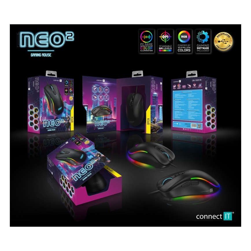 CONNECT IT CMO-3589-BK - LED RGB Mouse da gioco con cavo 200-7200 DPI nero