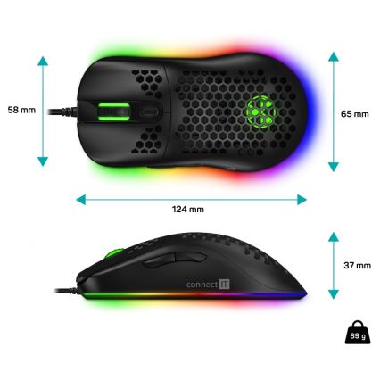 CONNECT IT CMO-5511-BK - LED RGB Mouse da gioco con cavo 200-12800 DPI nero