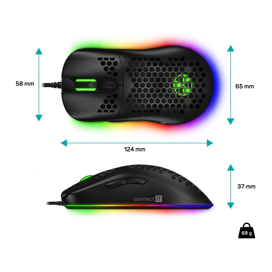 CONNECT IT CMO-5511-BK - LED RGB Mouse da gioco con cavo 200-12800 DPI nero