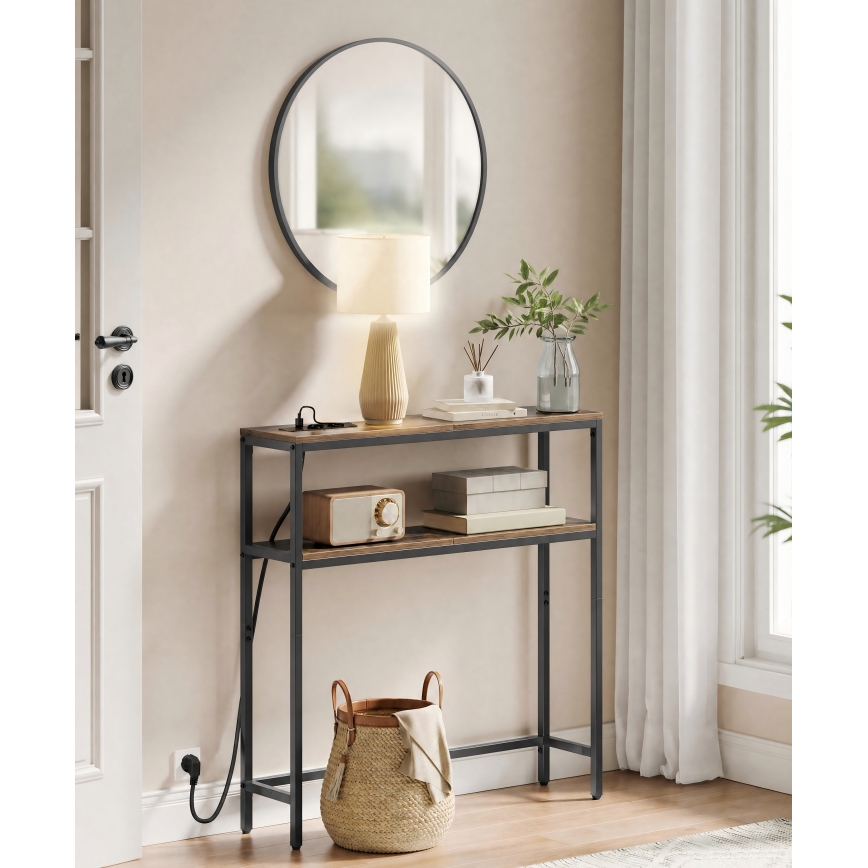 Console avec prises électriques intégrées et ports USB LUVOR 80x20 cm marron/noir