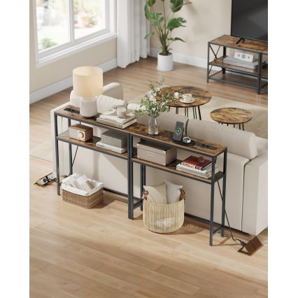 Console avec prises électriques intégrées et ports USB LUVOR 80x20 cm marron/noir