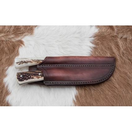 Couteau de chasse en acier de Damas avec mini-scie 11 cm bois de cerf