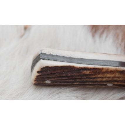 Couteau de chasse en acier de Damas avec mini-scie 11 cm bois de cerf
