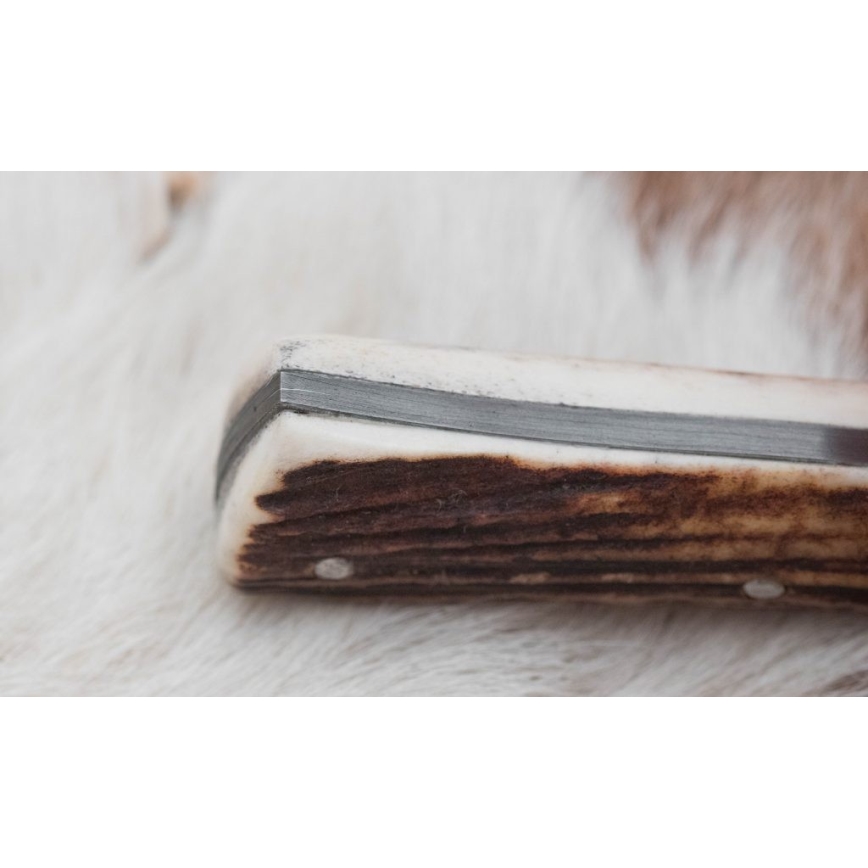 Couteau de chasse en acier de Damas avec mini-scie 11 cm bois de cerf