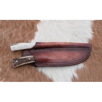 Couteau de chasse en acier de Damas avec mini scie 12 cm bois de cerf