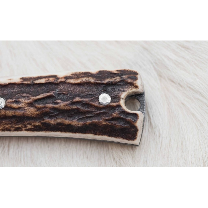 Couteau de chasse en acier de Damas avec mini scie 12 cm bois de cerf