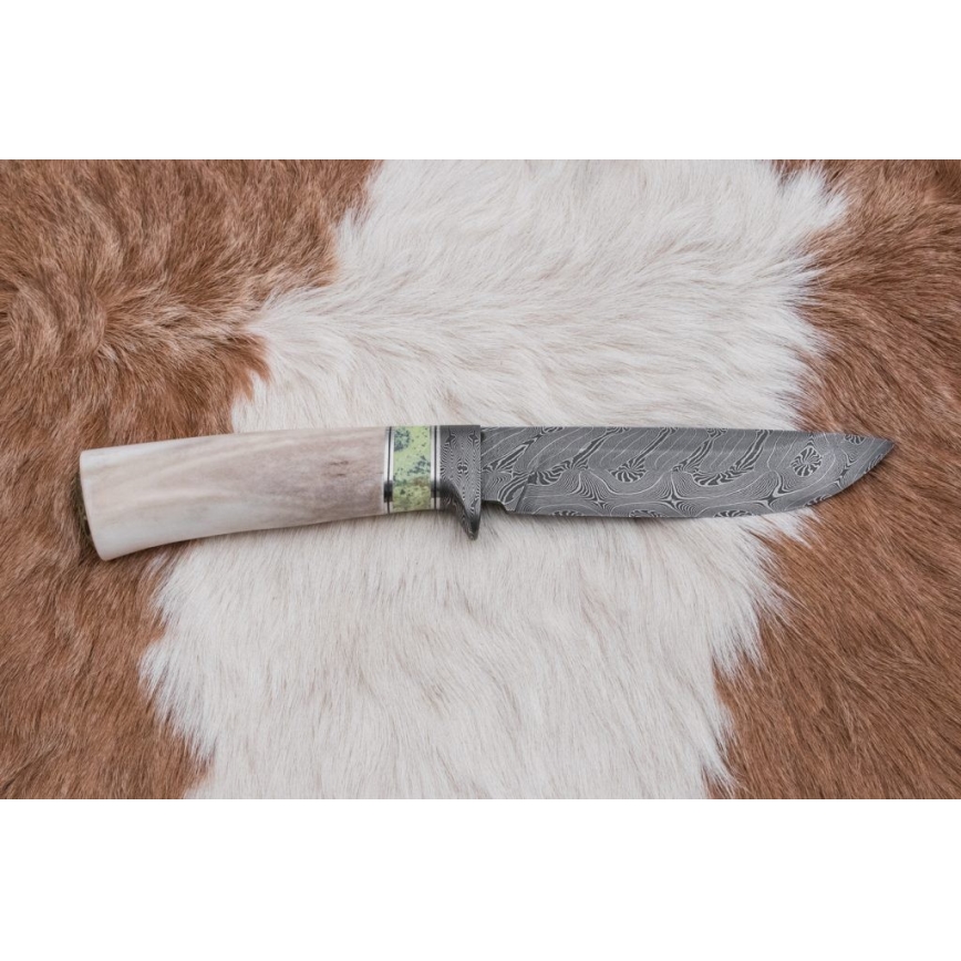 Couteau en acier de Damas unique 13 cm serpentinite/bois de renne