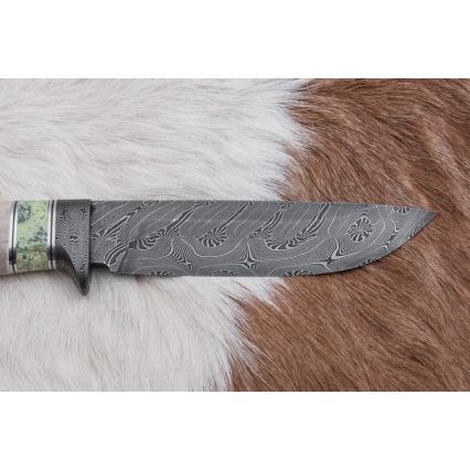 Couteau en acier de Damas unique 13 cm serpentinite/bois de renne