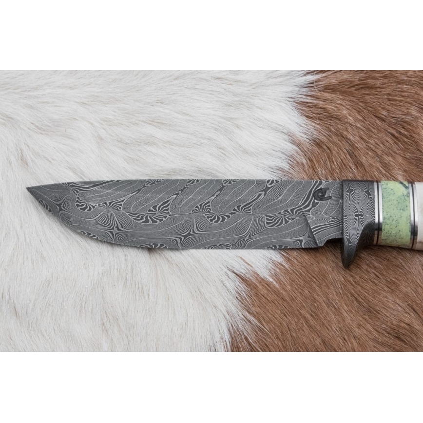 Couteau en acier de Damas unique 13 cm serpentinite/bois de renne