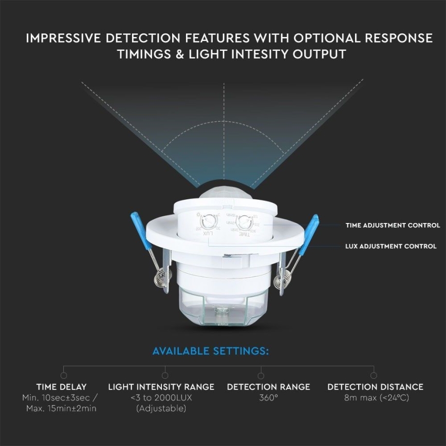 Da incasso sensore di movimento PIR 360° 400W/230V bianco