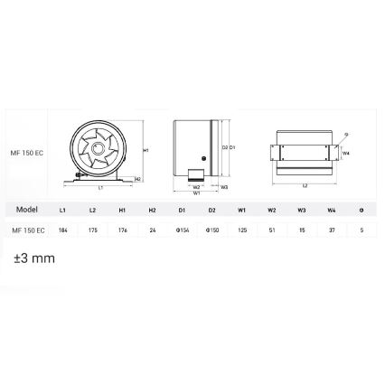 Dalap 24MF150 - Rohrventilator mit energieeffizientem Motor und Drehzahlregler MF 150 EC 40W/230V