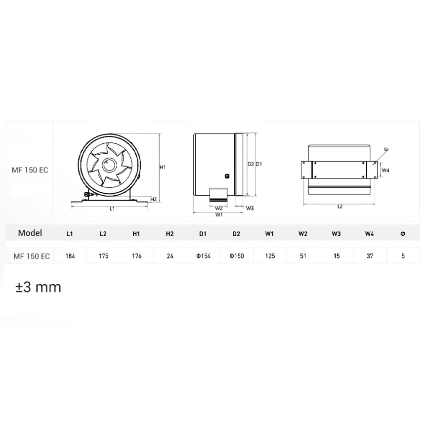 Dalap 24MF150 - Ventilateur de conduit à moteur économique et variateur de vitesse MF 150 EC 40W/230V
