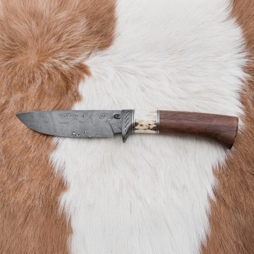 Damast-Jagdmesser 11,8 cm Walnuss/Hirschgeweih