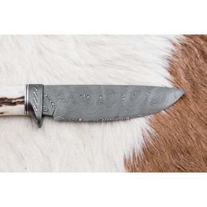 Damast-Jagdmesser 11,8 cm Walnuss/Hirschgeweih