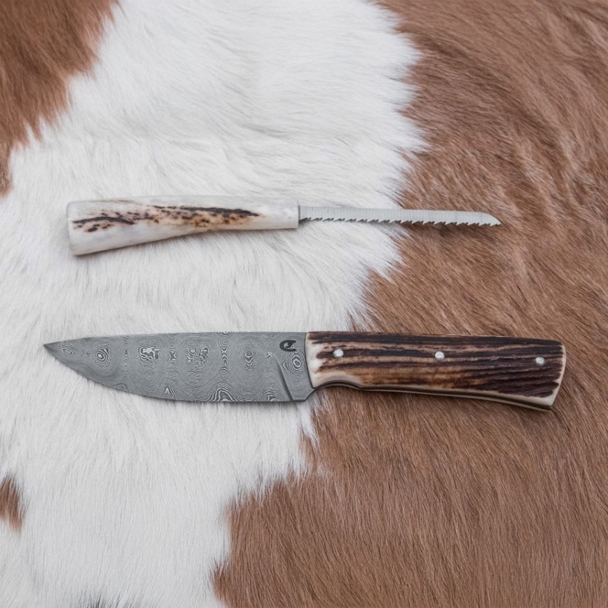 Damast-Jagdmesser mit Mini-Säge 11 cm Hirschgeweih
