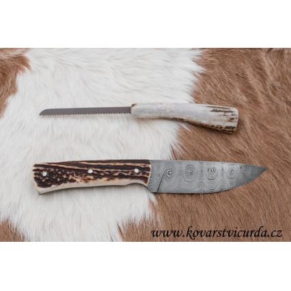Damast-Jagdmesser mit Mini-Säge 11 cm Hirschgeweih
