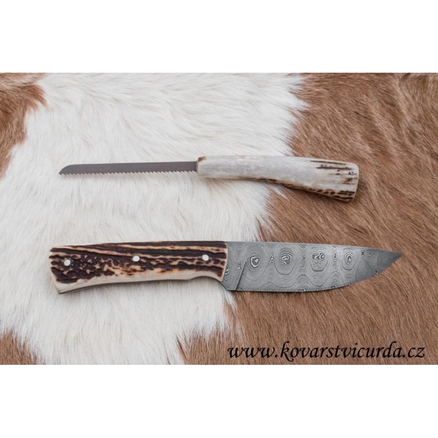 Damast-Jagdmesser mit Mini-Säge 11 cm Hirschgeweih