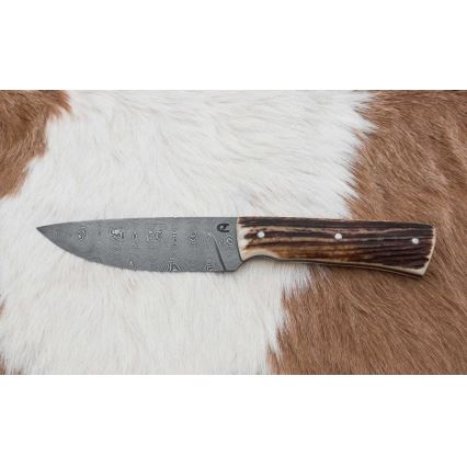 Damast-Jagdmesser mit Mini-Säge 11 cm Hirschgeweih