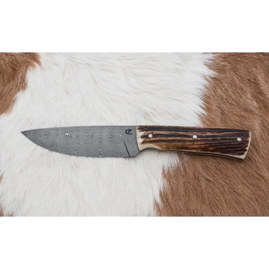Damast-Jagdmesser mit Mini-Säge 11 cm Hirschgeweih