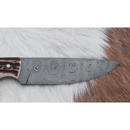 Damast-Jagdmesser mit Mini-Säge 11 cm Hirschgeweih