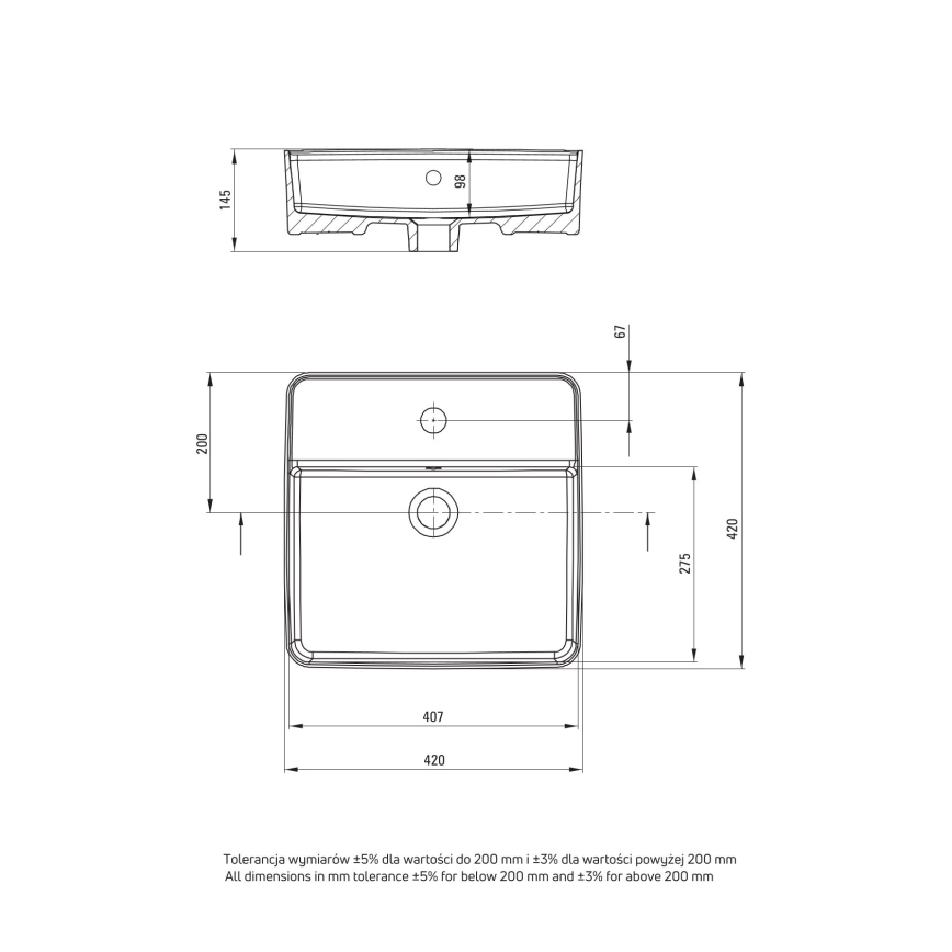 Deante CGS_6U4B - Lavabo da appoggio con foro SQUARE 42x42 cm ceramica/bianco