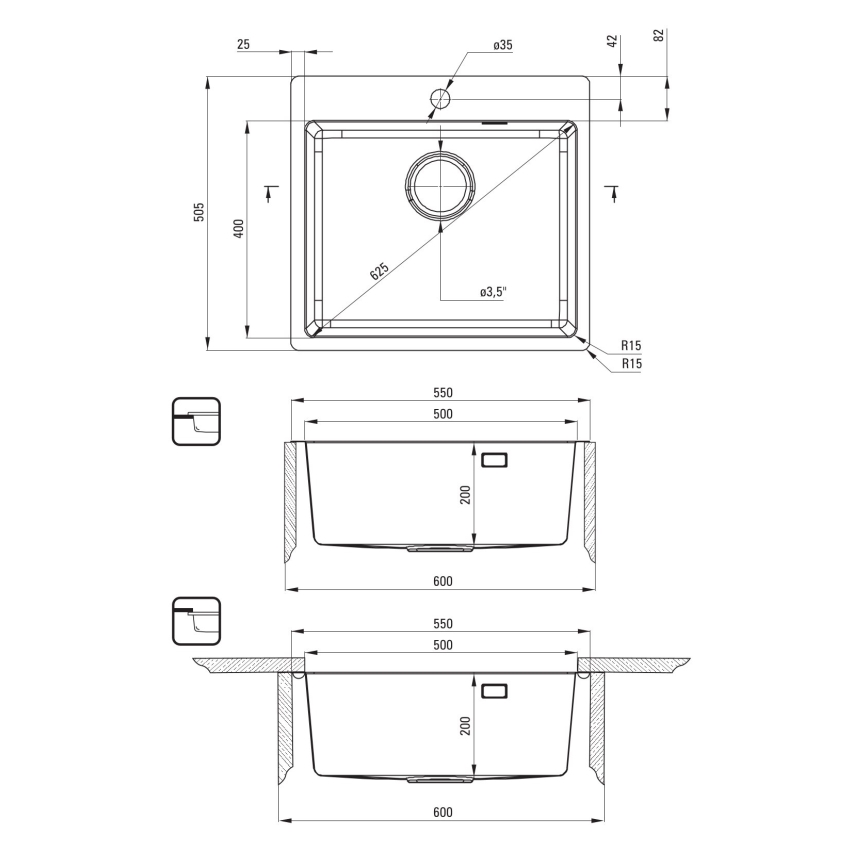 Deante ZPO_010B - Lavello della cucina OLFATO 50,5x55 cm pettinato acciaio