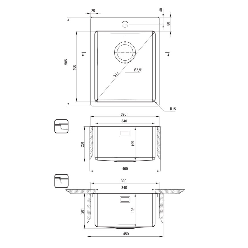 Deante ZPO_010E - Lavello della cucina OLFATO 50,5x39 cm pettinato acciaio