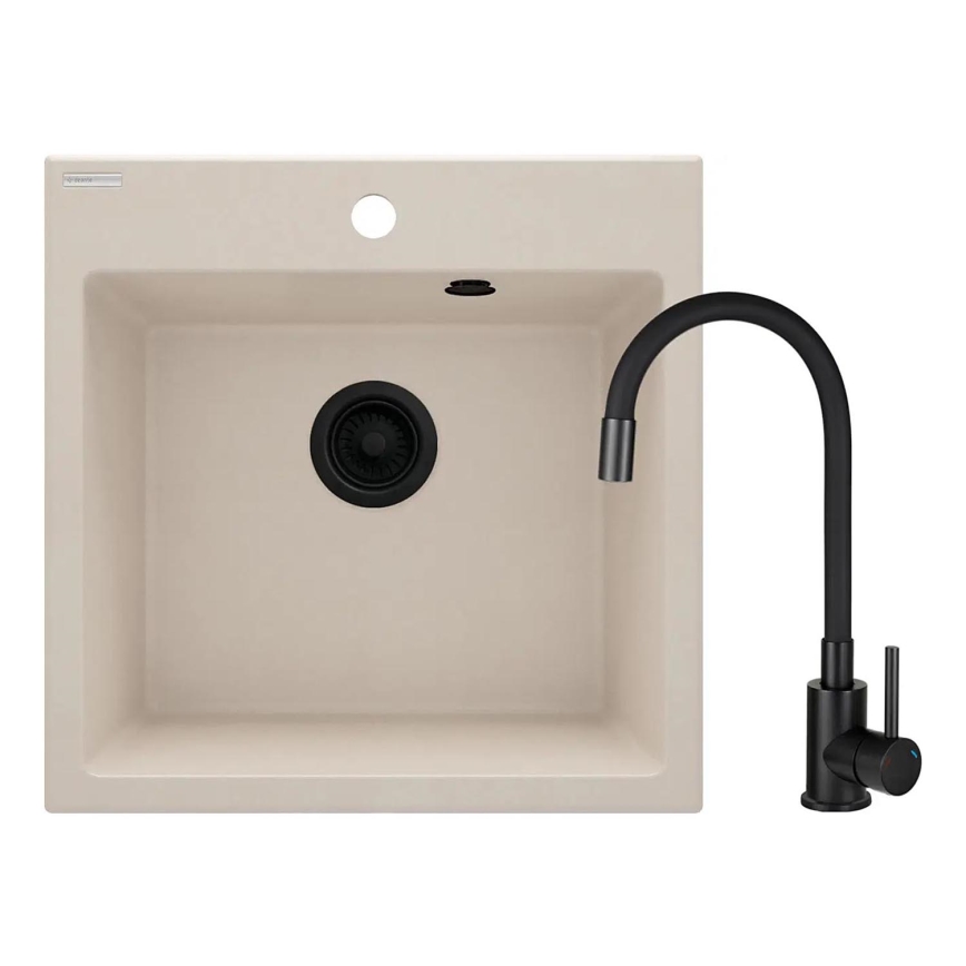 Deante ZQJN5103 - Lavello della cucina EVORA 50x50 cm + rubinetto del lavello con braccio flessible granito/beige