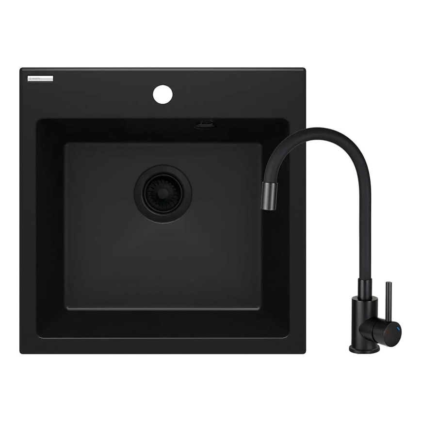 Deante ZQJNN103 - Évier de cuisine EVORA 50x50 cm + robinet d'évier avec bras flexible granit/noir
