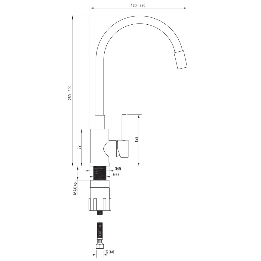 Deante ZQJNN103 - Évier de cuisine EVORA 50x50 cm + robinet d'évier avec bras flexible granit/noir