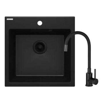 Deante ZQJNN103 - Lavello della cucina EVORA 50x50 cm + rubinetto del lavello con braccio flessible granito/nero