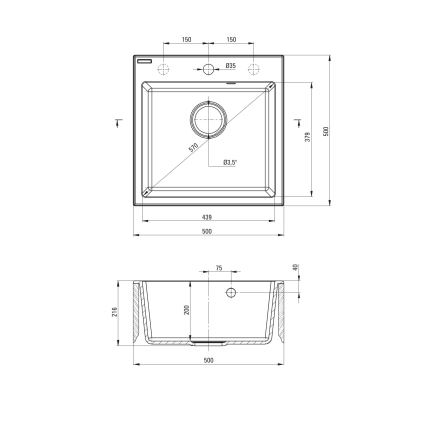 Deante ZQJNN103 - Lavello della cucina EVORA 50x50 cm + rubinetto del lavello con braccio flessible granito/nero