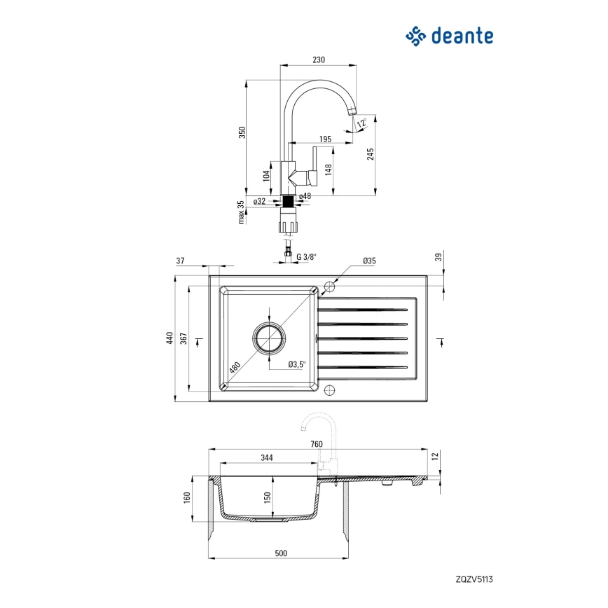Deante ZQZVT113 - Lavello della cucina ZORBA 76x44 cm + sink tap granito/metallico antracite