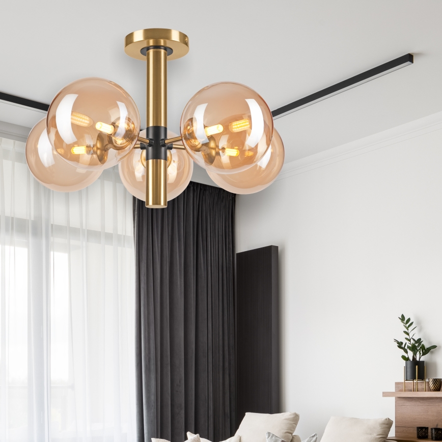 Deckenleuchte an Stange ROLLO 5xG9/5W/230V golden/rauchig beige