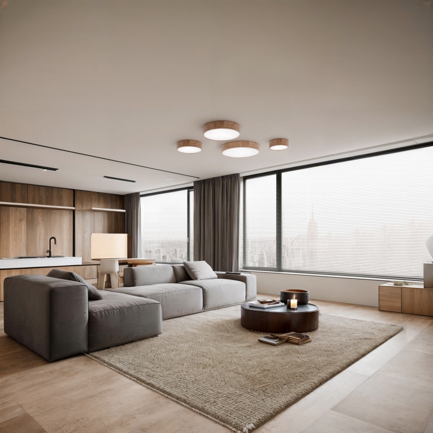 Stilvolle Deckenleuchte CLEO mit Bewegungs- und Dämmerungssensor, 6×E27/24W/230V, Ø 80 cm, Eiche