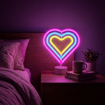 Décoration de table néon LED en forme de cœur — 2 W, alimentation 3×AA ou USB