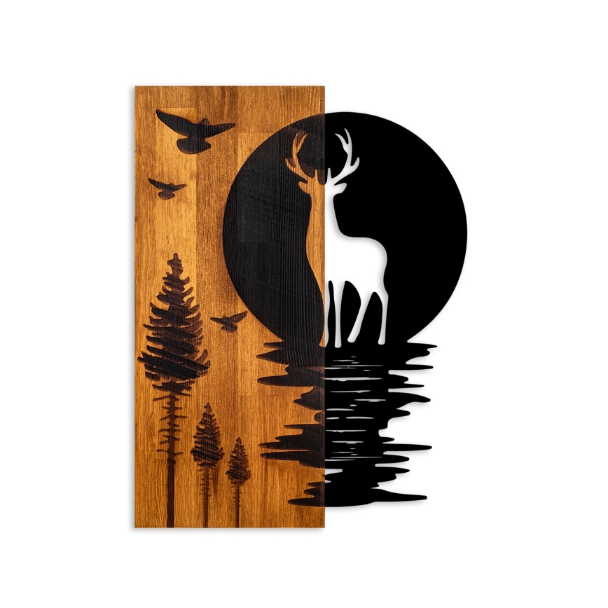 Décoration murale 43x58 cm cerf et lune bois/métal