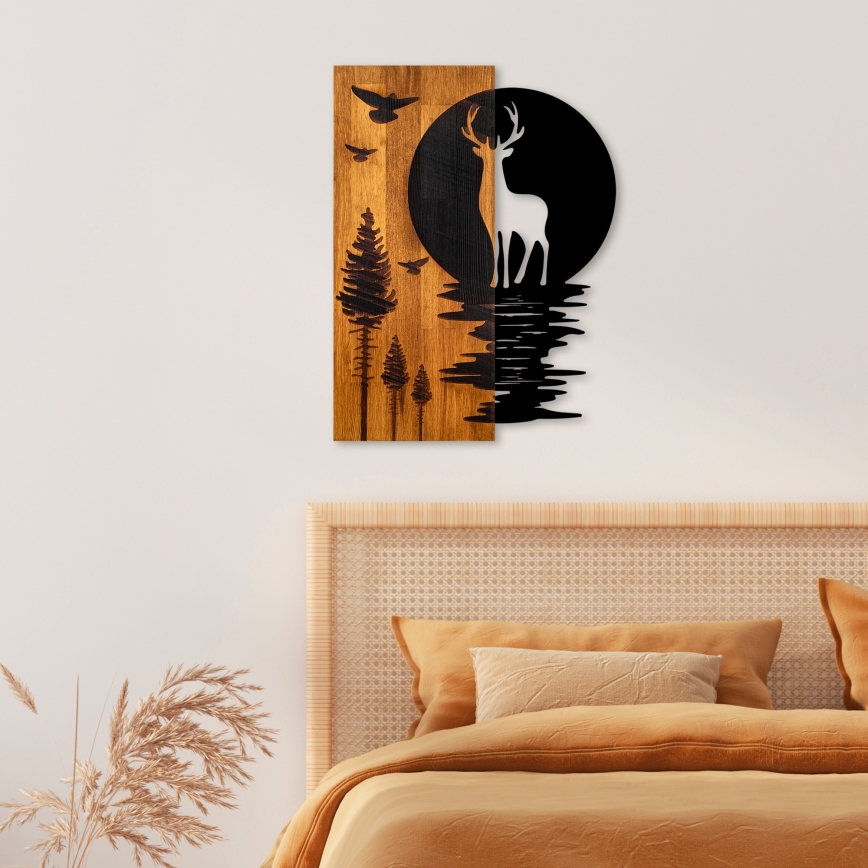 Décoration murale 43x58 cm cerf et lune bois/métal