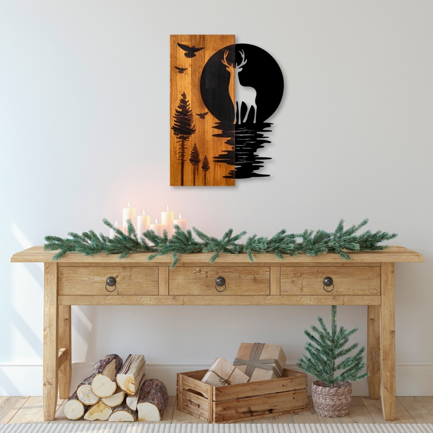 Décoration murale 43x58 cm cerf et lune bois/métal