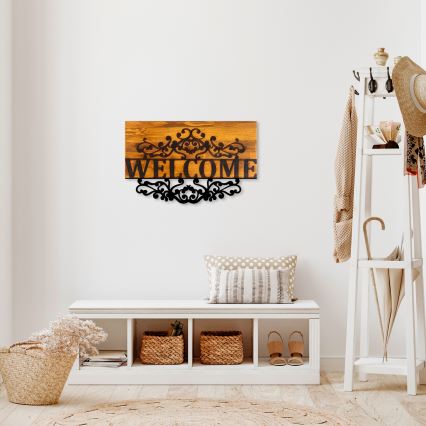 Décoration murale 58x36 cm bienvenue bois/métal