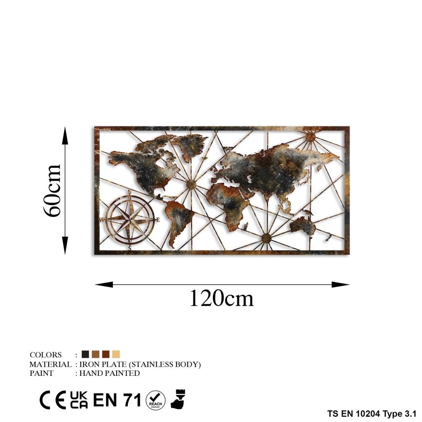 Decorazione da muro 120x60 cm world mappa metallo